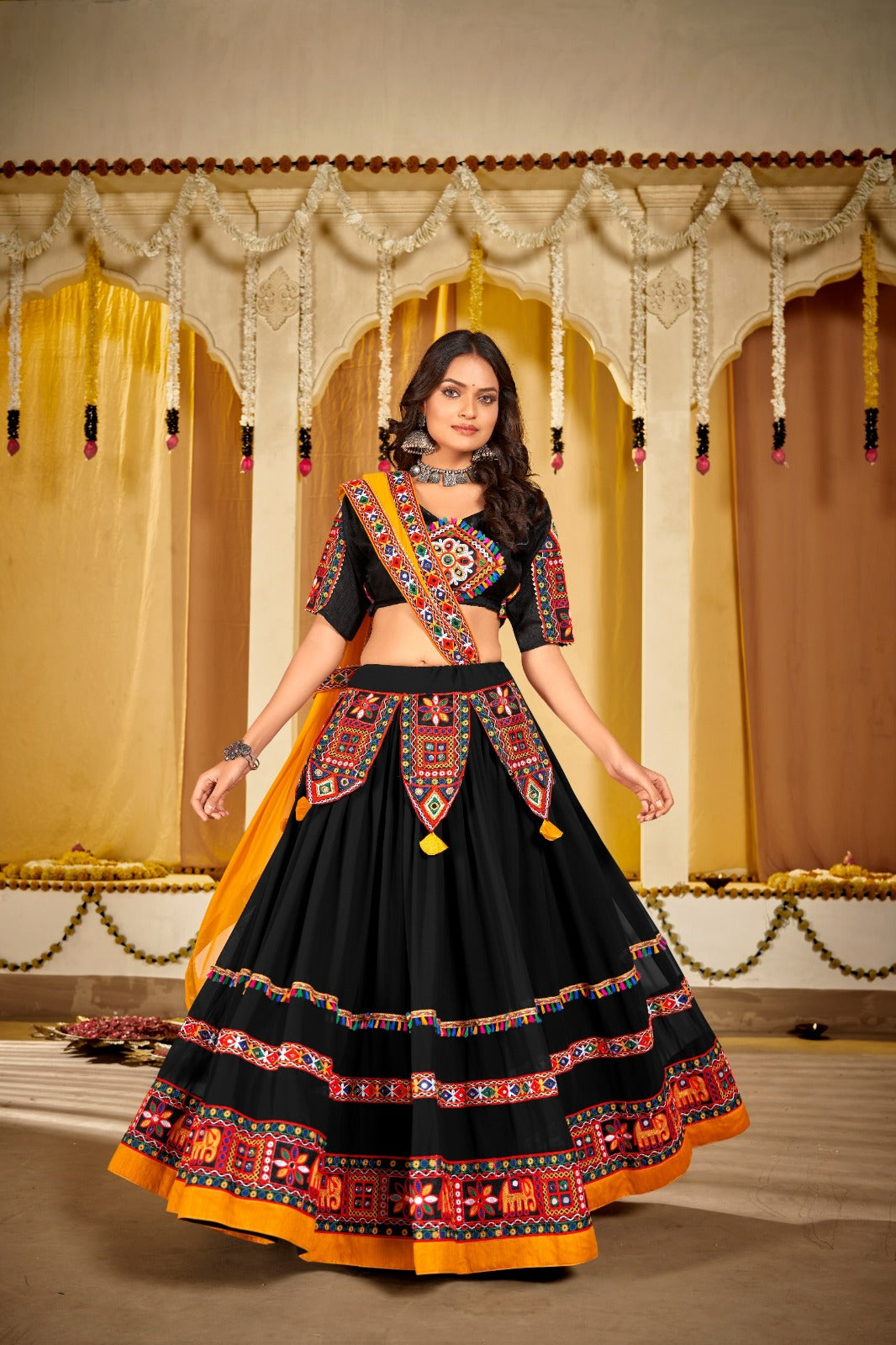 Women's Chaniya Choli in Black Georgette with Kutchi Mirror Work