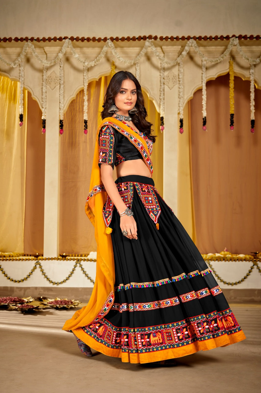 Women's Chaniya Choli in Black Georgette with Kutchi Mirror Work