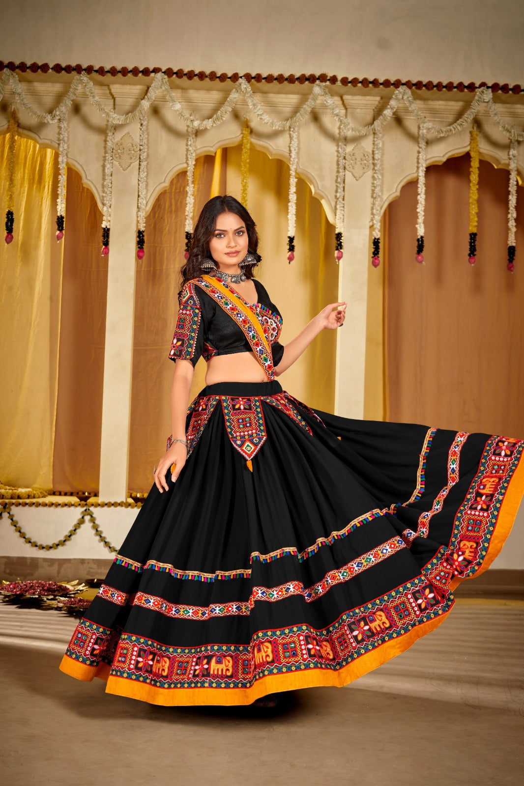 Women's Chaniya Choli in Black Georgette with Kutchi Mirror Work