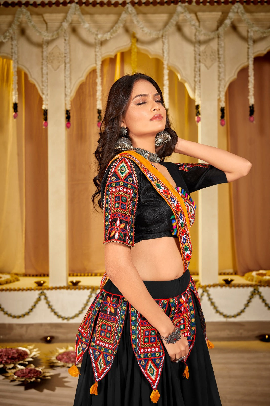 Women's Chaniya Choli in Black Georgette with Kutchi Mirror Work