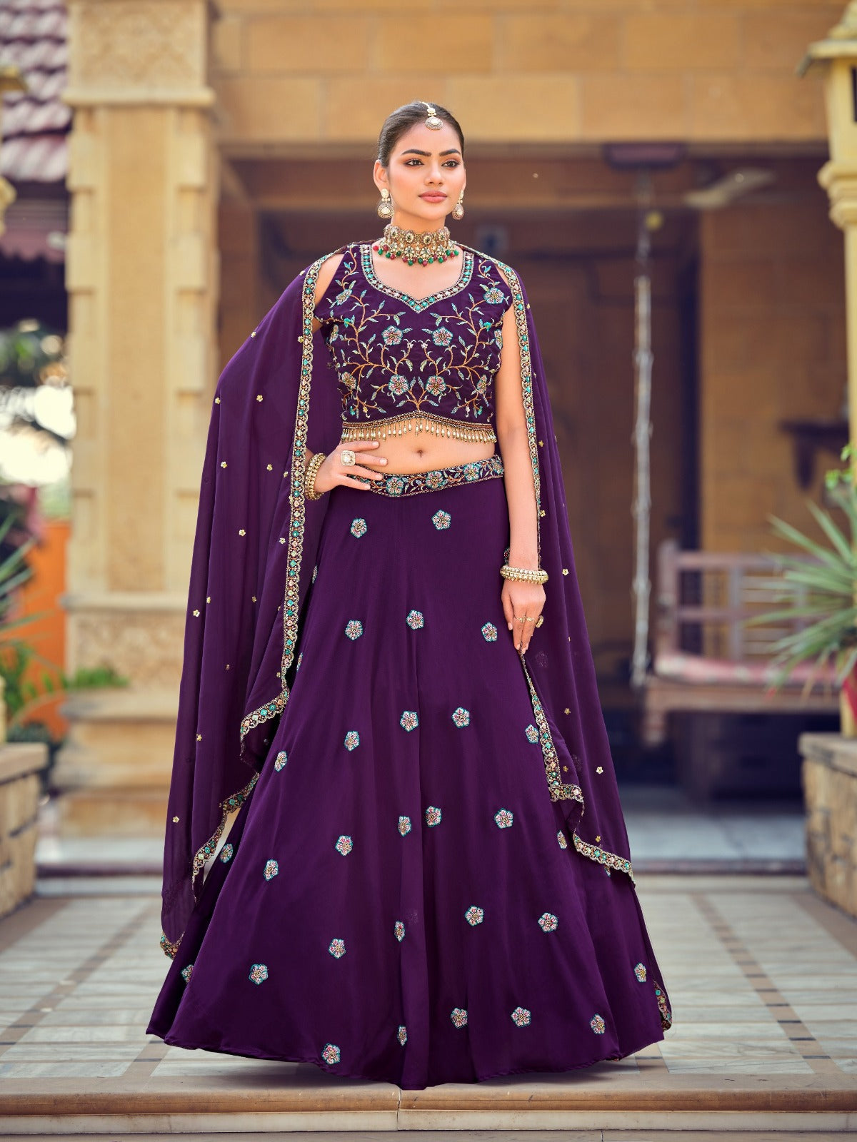 Women's Lehenga Choli in Purple Georgette with Beads Embroidery