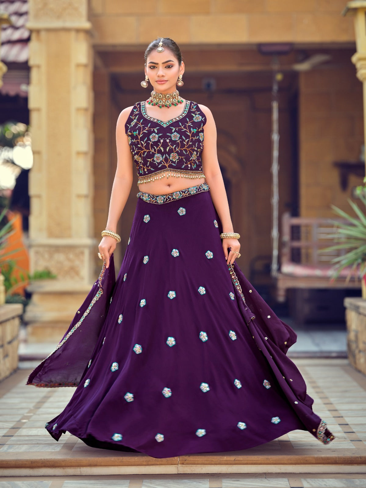 Women's Lehenga Choli in Purple Georgette with Beads Embroidery