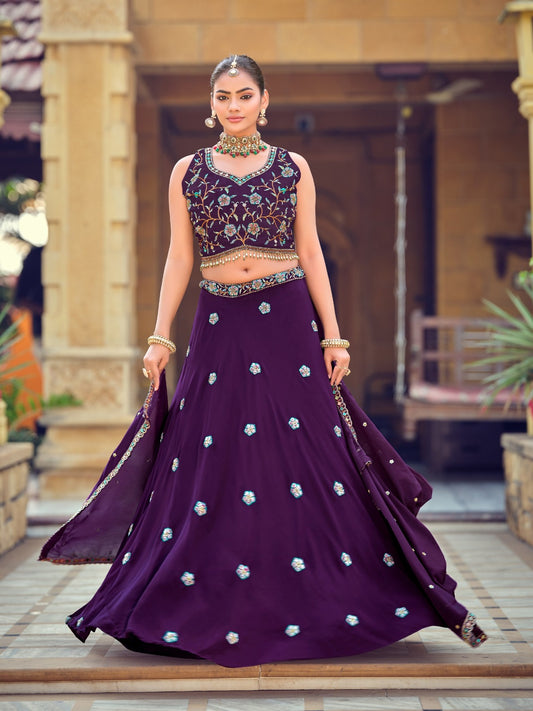 Women's Lehenga Choli in Purple Georgette with Beads Embroidery