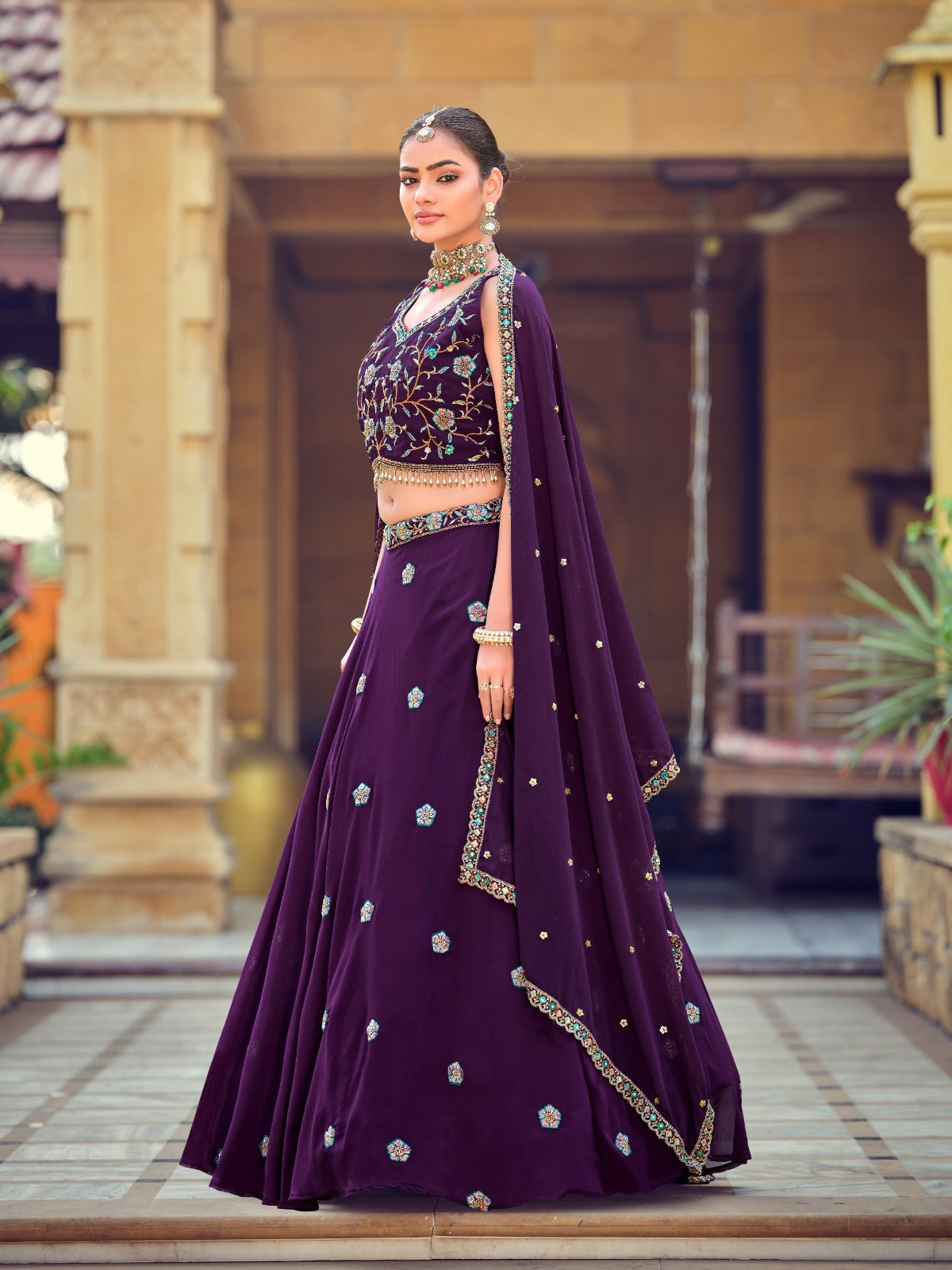 Women's Lehenga Choli in Purple Georgette with Beads Embroidery