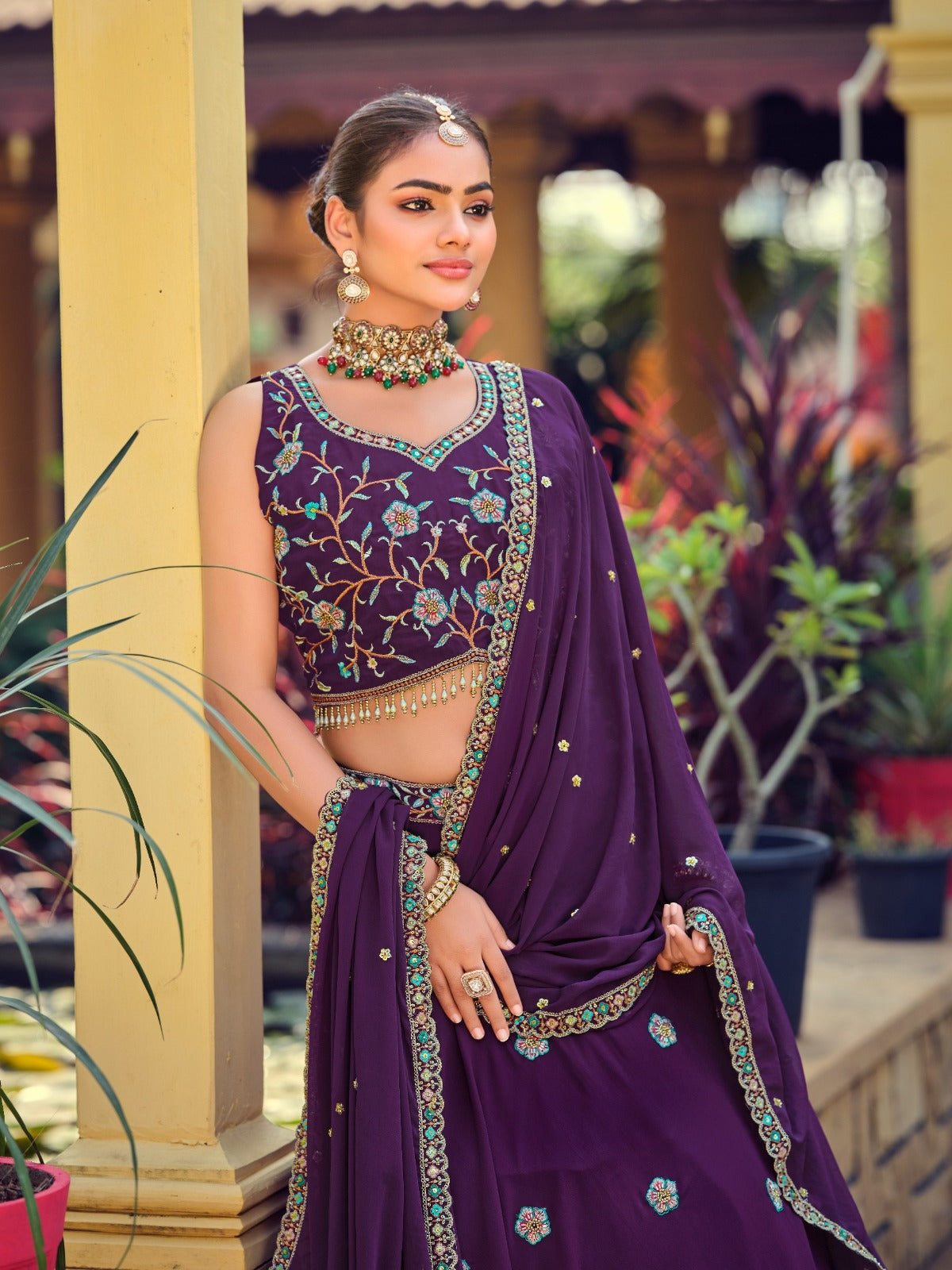 Women's Lehenga Choli in Purple Georgette with Beads Embroidery