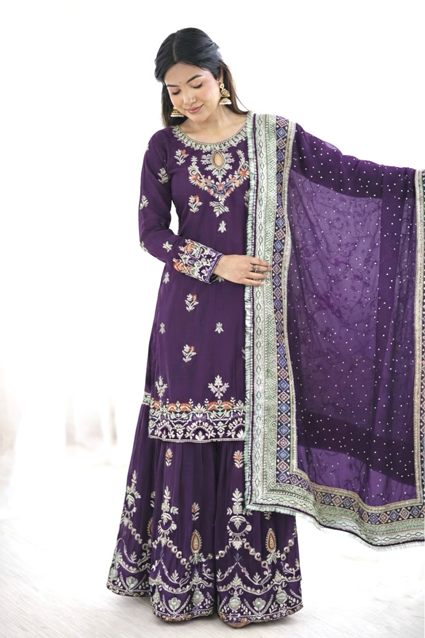 Women's Sharara Plazzo Set in Purple Faux Georgette with Sequin Embroidery