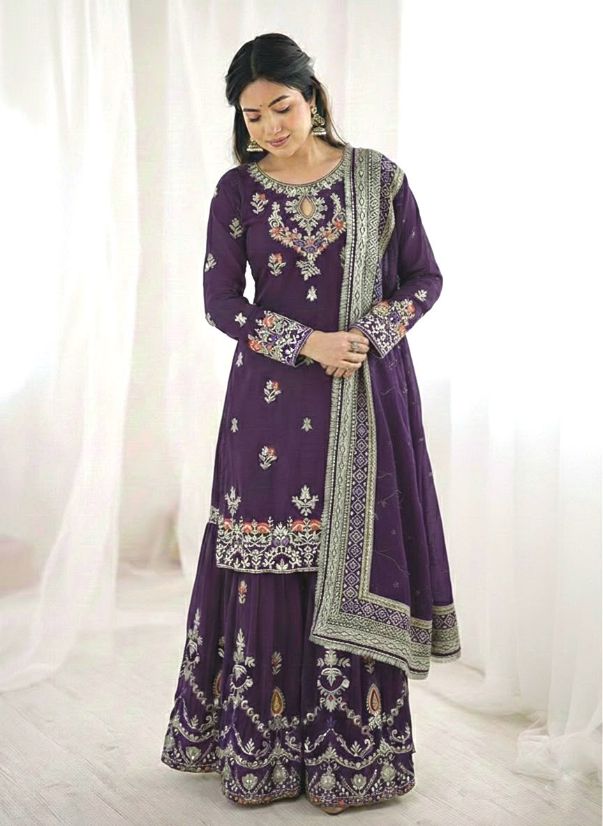 Women's Sharara Plazzo Set in Purple Faux Georgette with Sequin Embroidery
