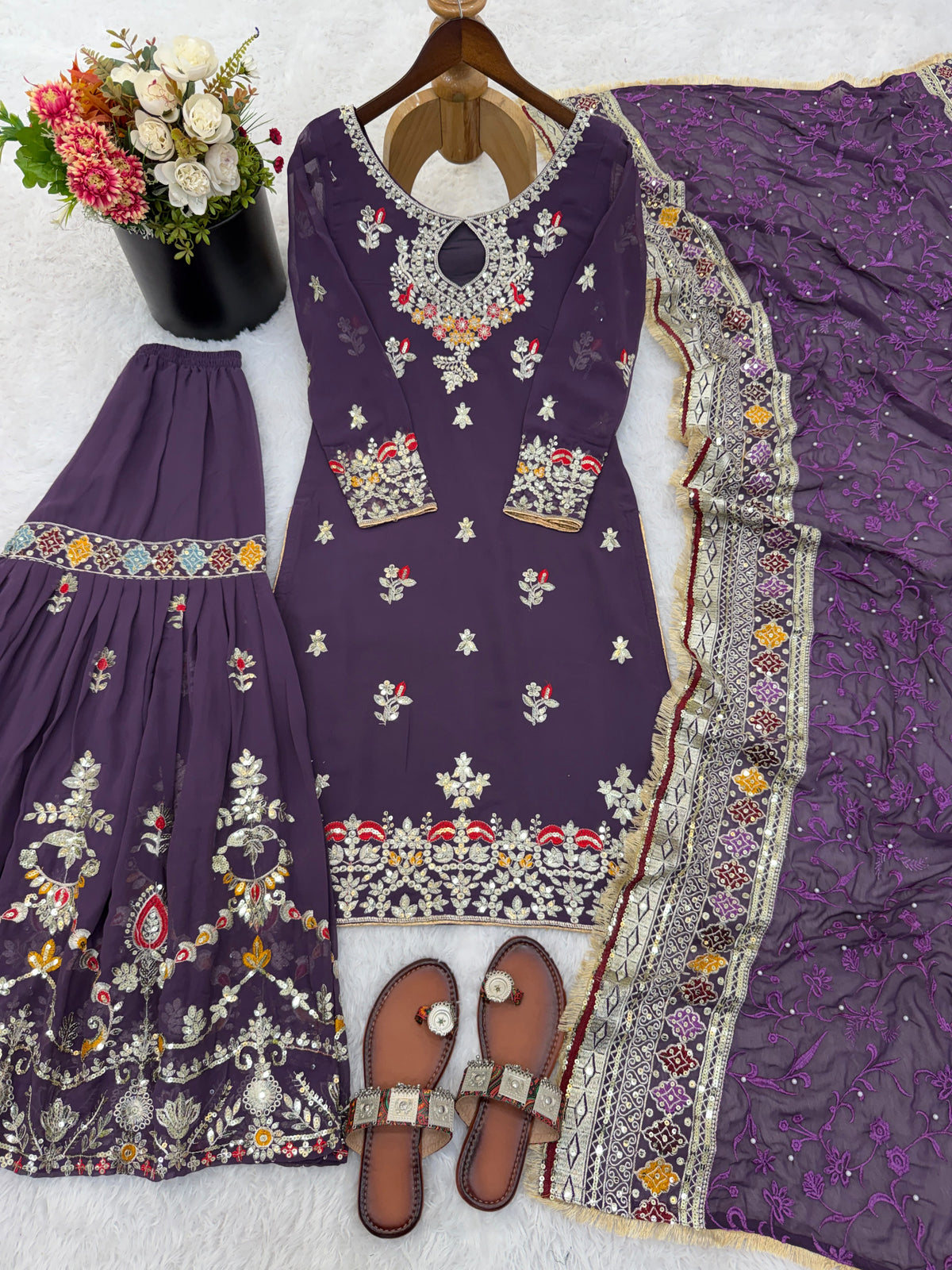 Women's Sharara Plazzo Set in Purple Faux Georgette with Sequin Embroidery