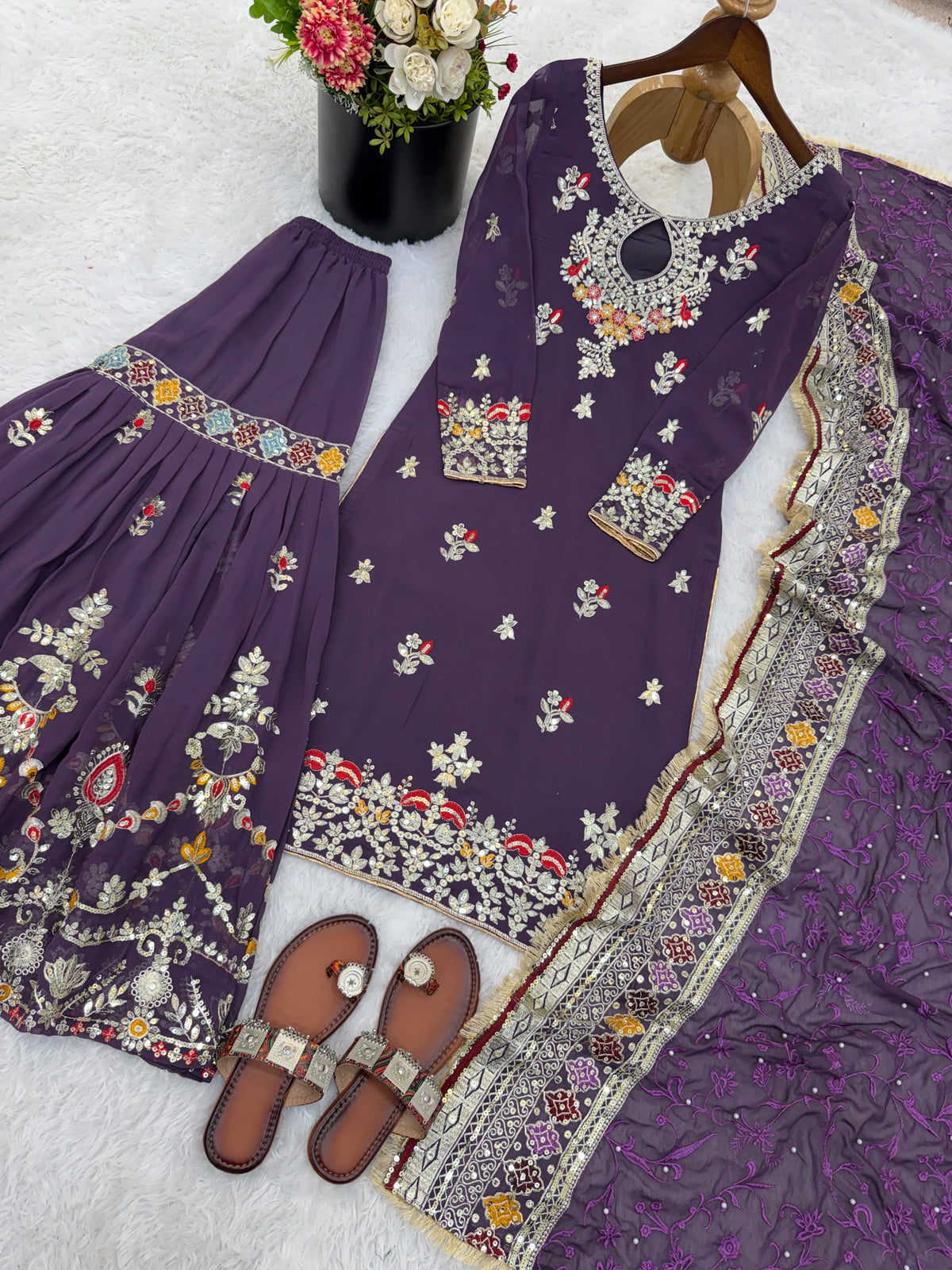 Women's Sharara Plazzo Set in Purple Faux Georgette with Sequin Embroidery