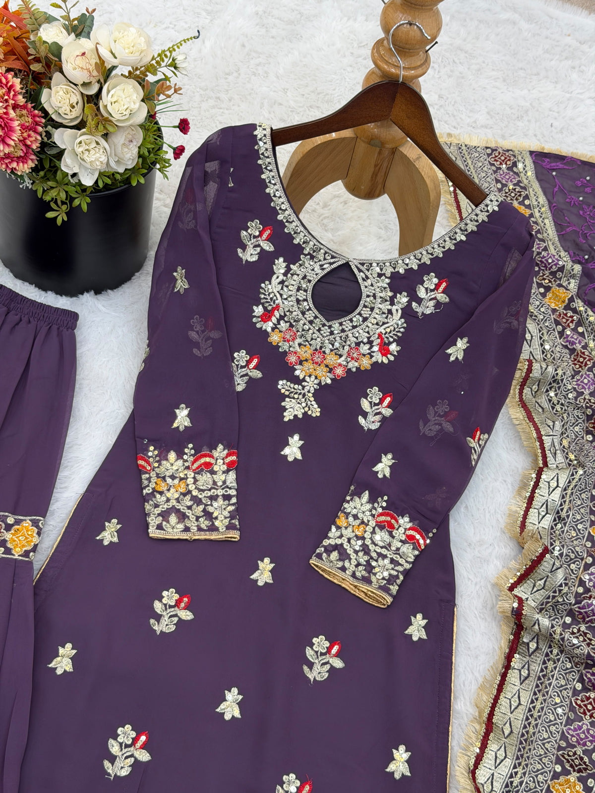 Women's Sharara Plazzo Set in Purple Faux Georgette with Sequin Embroidery
