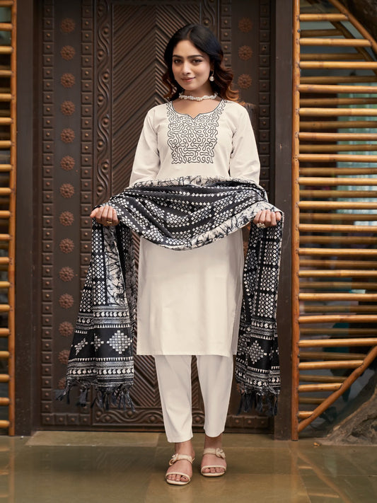 Women's Kurti Pant Dupatta Set in Ivory Khadi Cotton with Embroidery