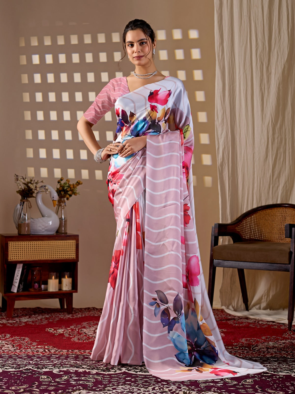 Women's Satin Georgette Saree in Blush Pink with Floral and Striped Digital Print