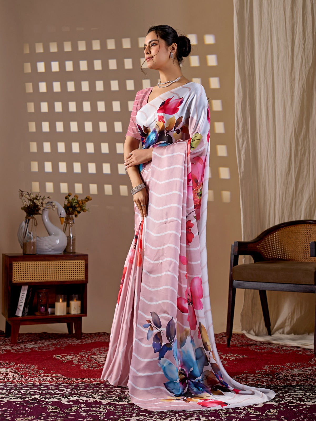Women's Satin Georgette Saree in Blush Pink with Floral and Striped Digital Print