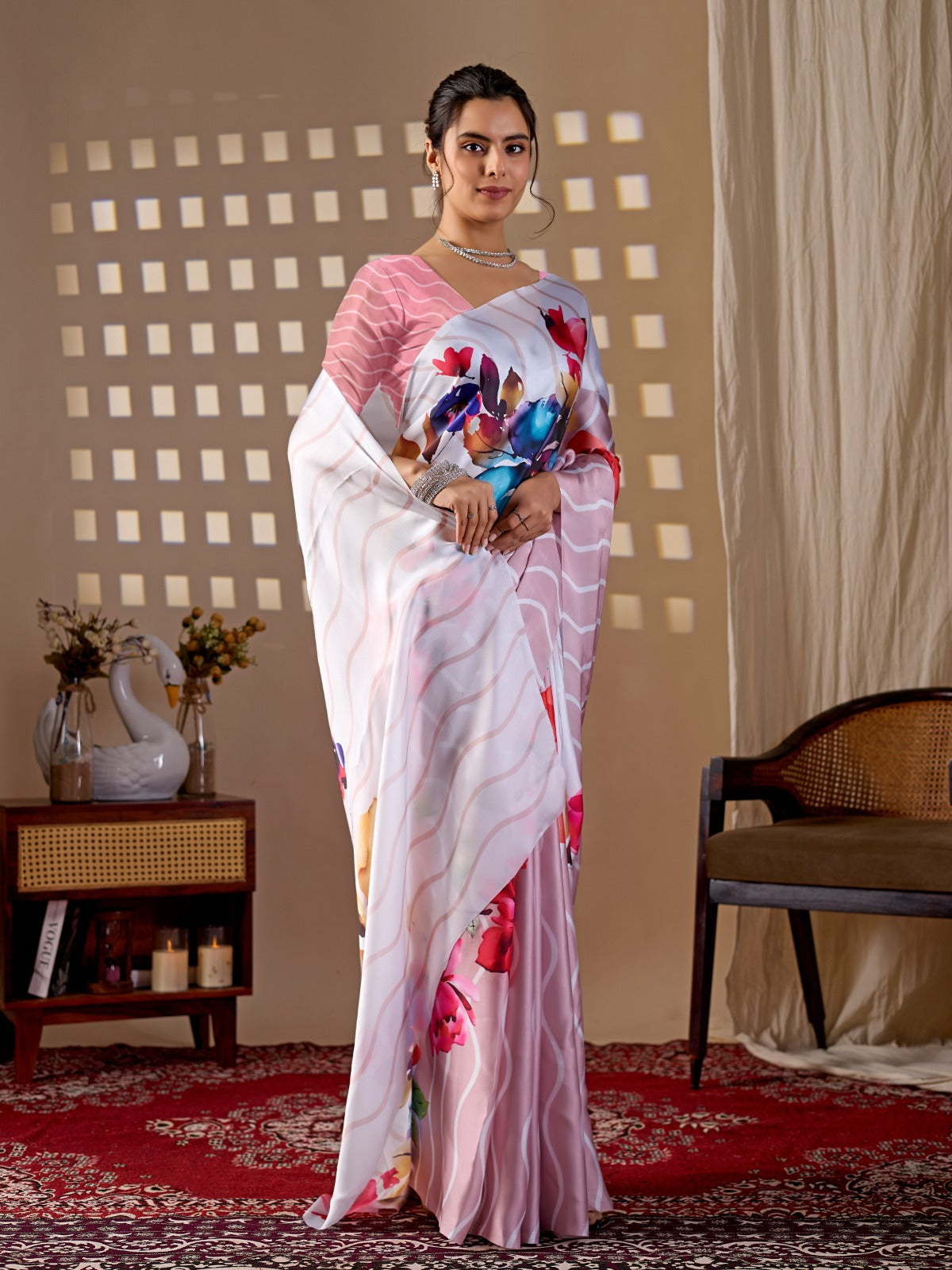 Women's Satin Georgette Saree in Blush Pink with Floral and Striped Digital Print