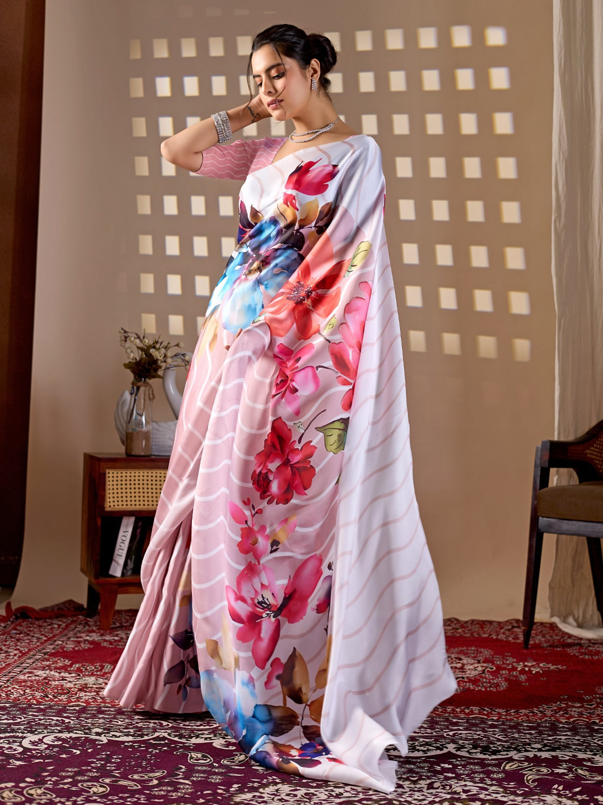 Women's Satin Georgette Saree in Blush Pink with Floral and Striped Digital Print