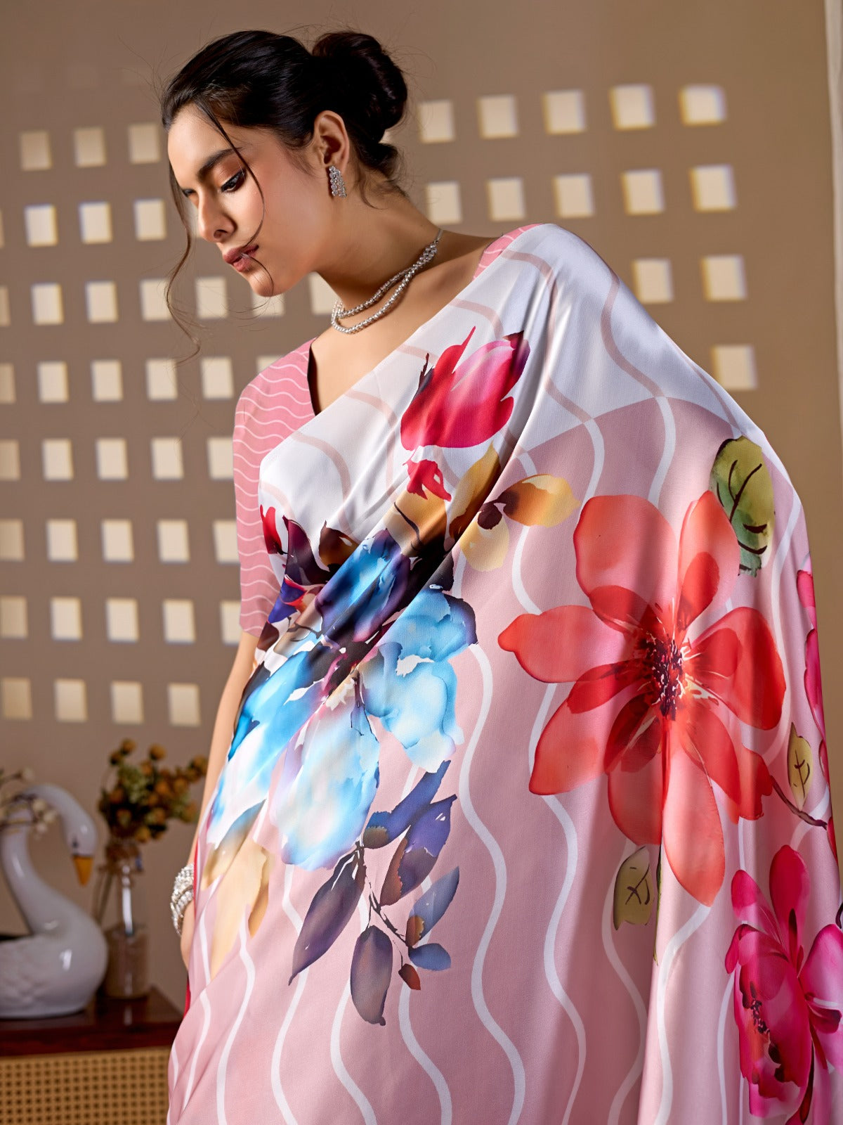 Women's Satin Georgette Saree in Blush Pink with Floral and Striped Digital Print