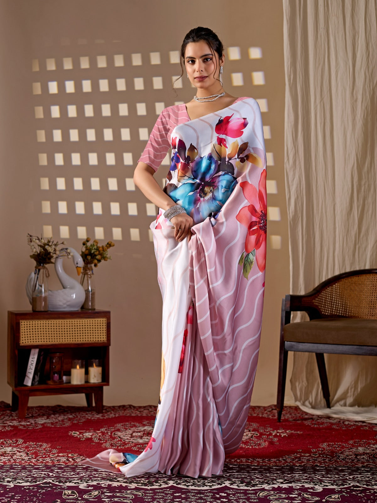 Women's Satin Georgette Saree in Blush Pink with Floral and Striped Digital Print