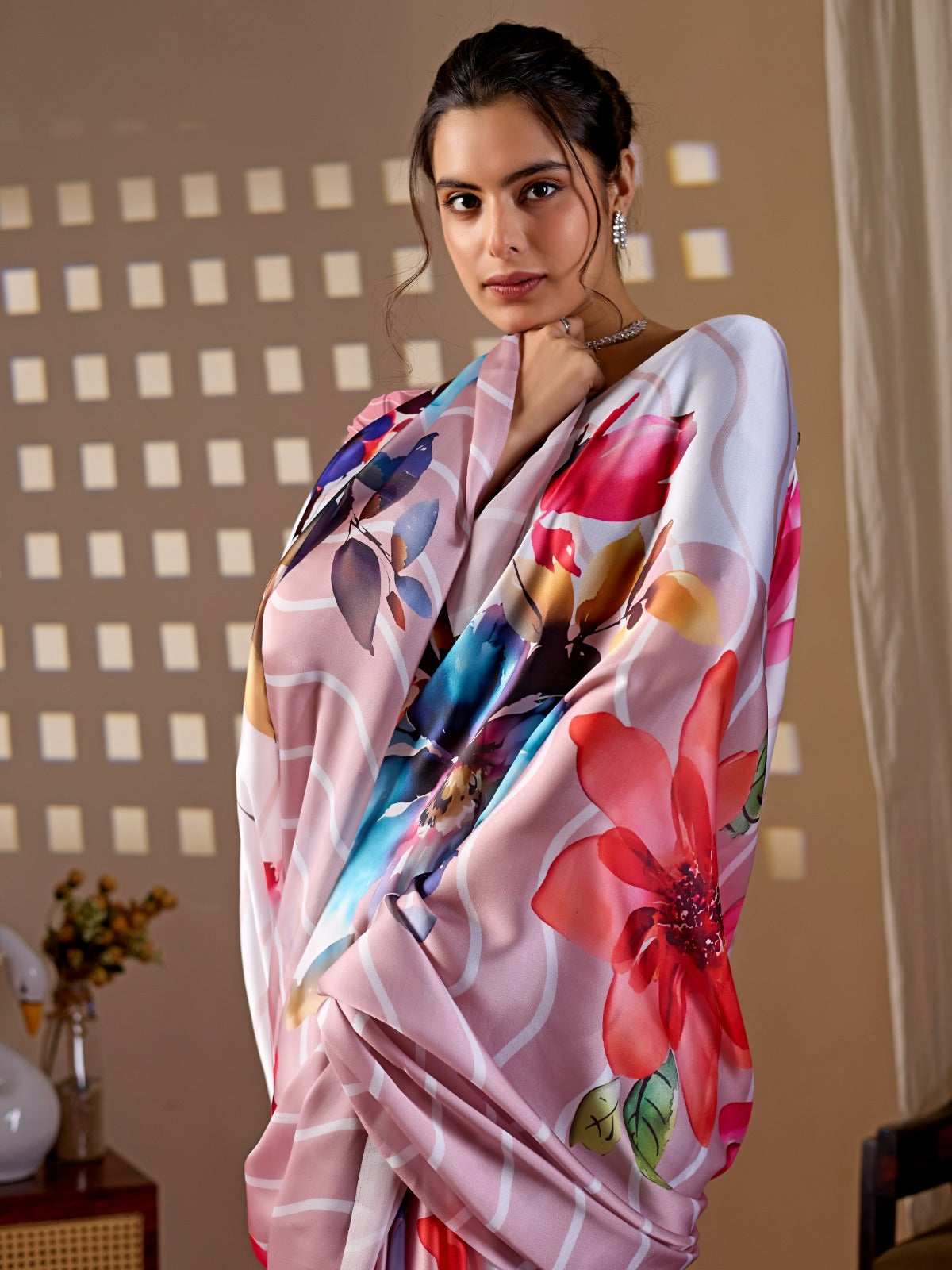 Women's Satin Georgette Saree in Blush Pink with Floral and Striped Digital Print