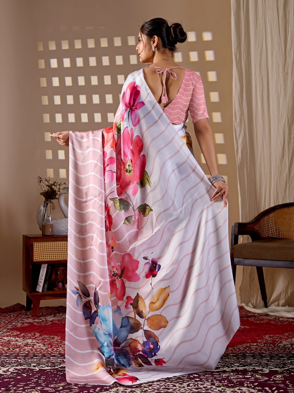 Women's Satin Georgette Saree in Blush Pink with Floral and Striped Digital Print