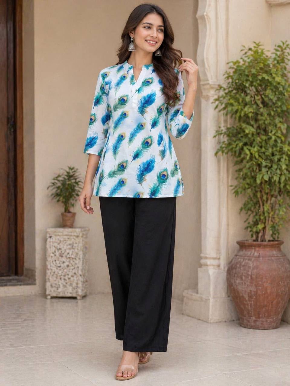 Women's Co-Ord Set in White Rayon Slub with Peacock Feather Digital Print