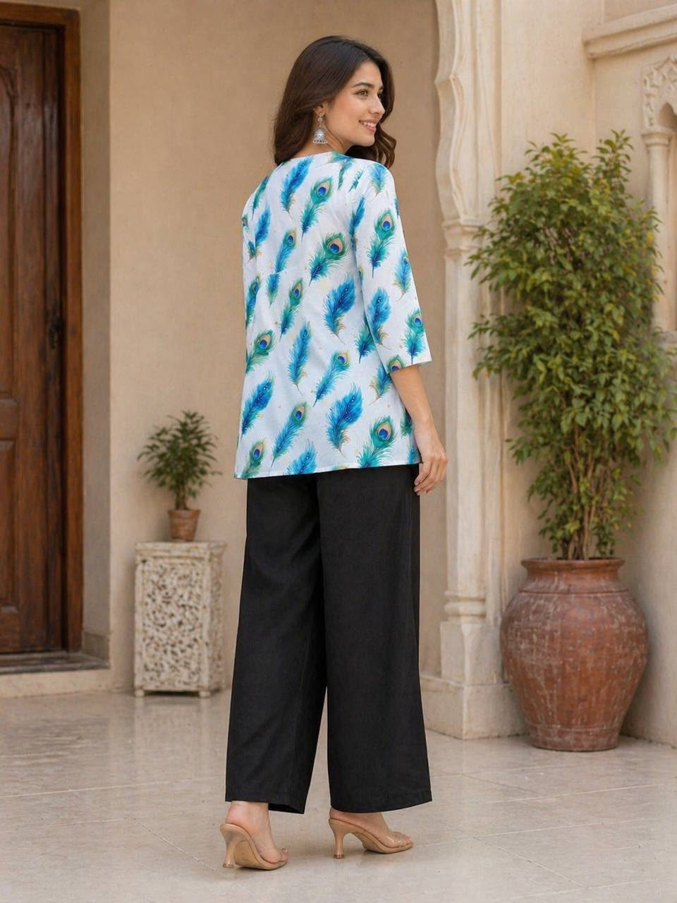 Women's Co-Ord Set in White Rayon Slub with Peacock Feather Digital Print