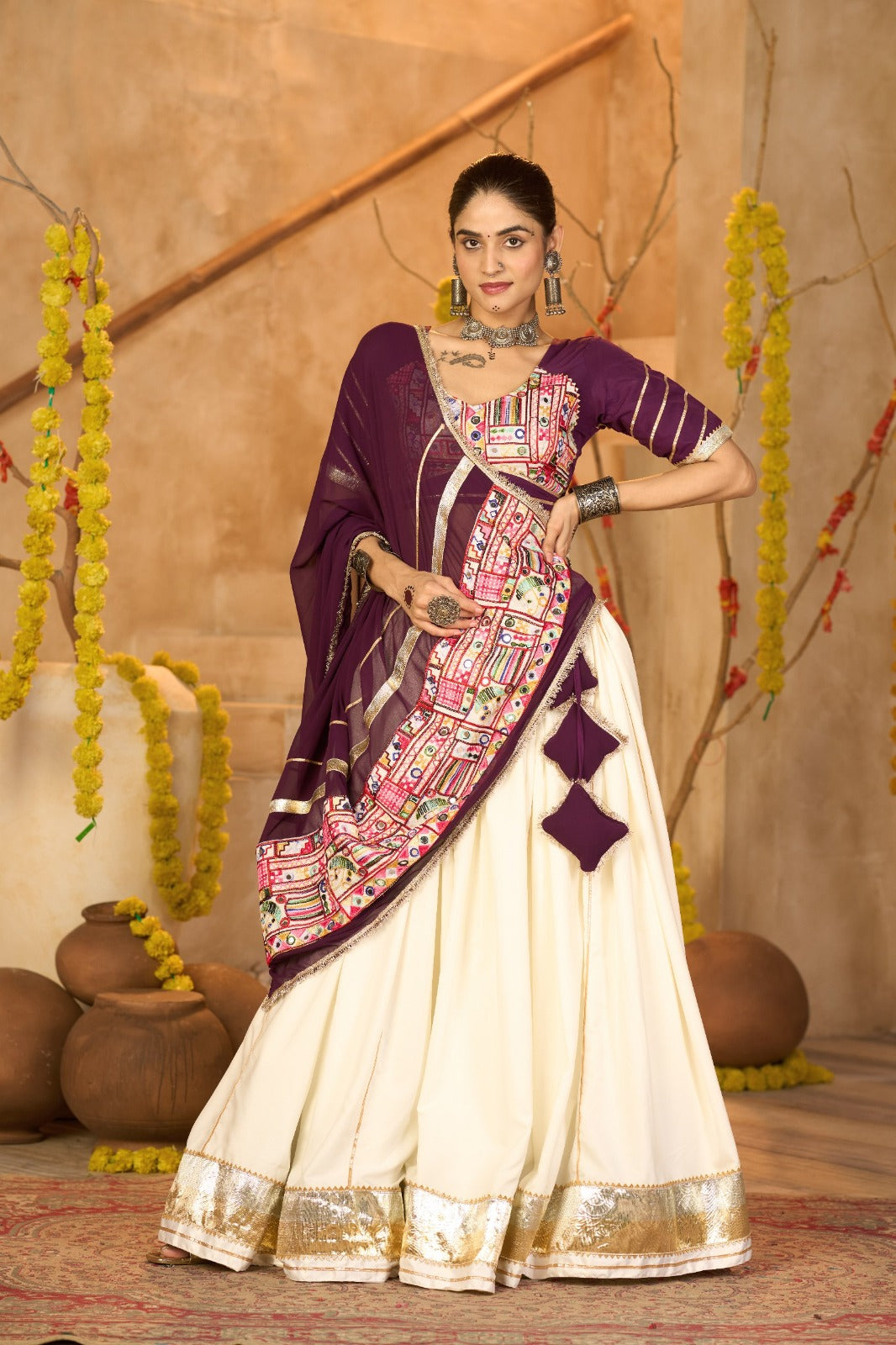 Women's Chaniya Choli in Off White Crepe with Gota Patti and Mirror Work