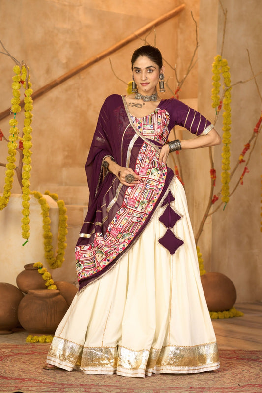 Women's Chaniya Choli in Off White Crepe with Gota Patti and Mirror Work