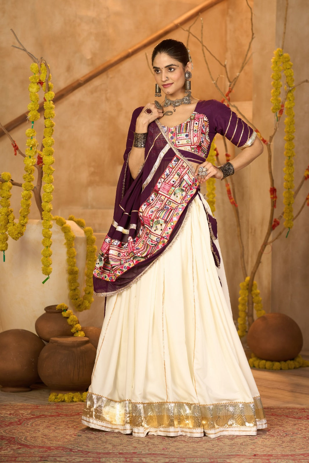 Women's Chaniya Choli in Off White Crepe with Gota Patti and Mirror Work