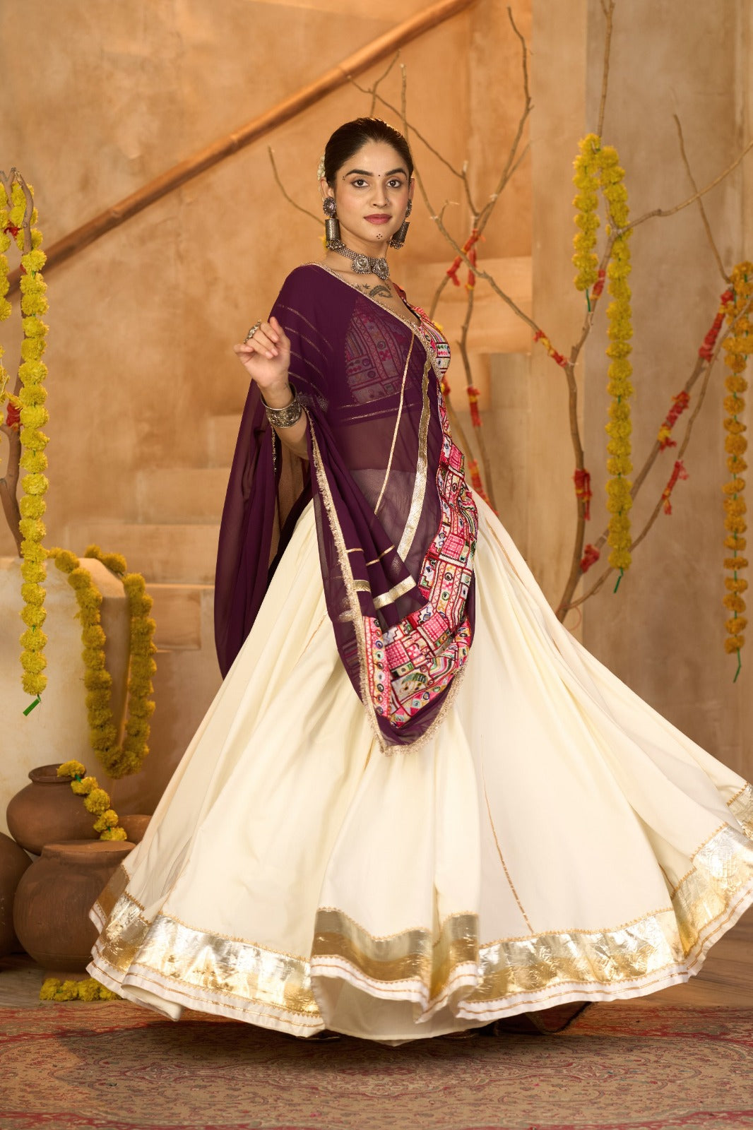 Women's Chaniya Choli in Off White Crepe with Gota Patti and Mirror Work
