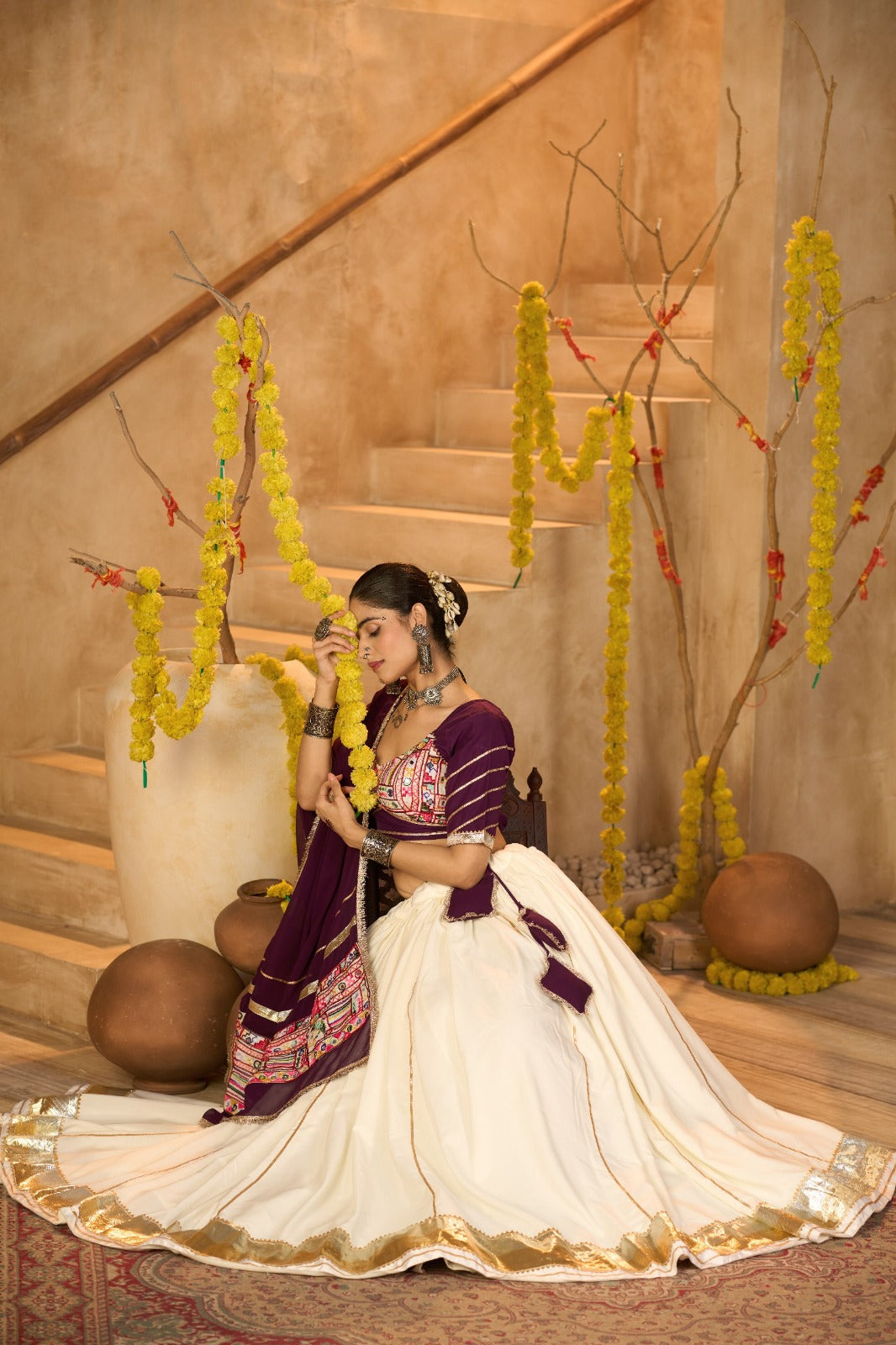 Women's Chaniya Choli in Off White Crepe with Gota Patti and Mirror Work