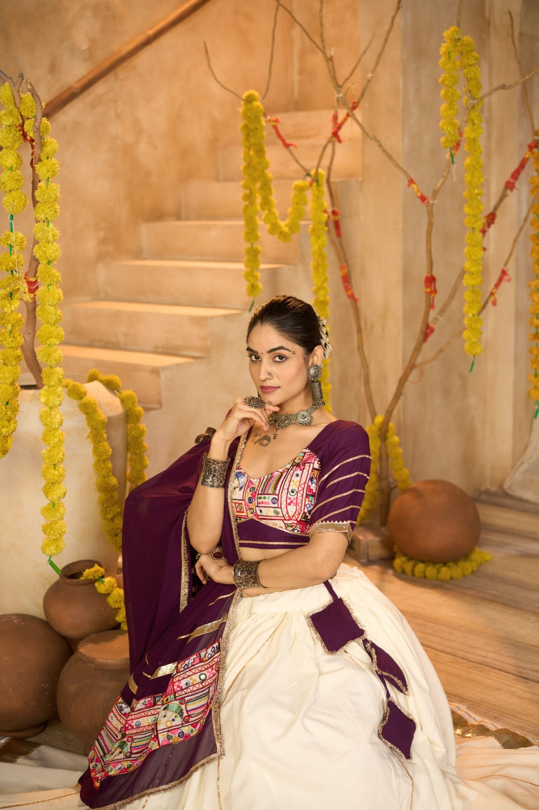 Women's Chaniya Choli in Off White Crepe with Gota Patti and Mirror Work