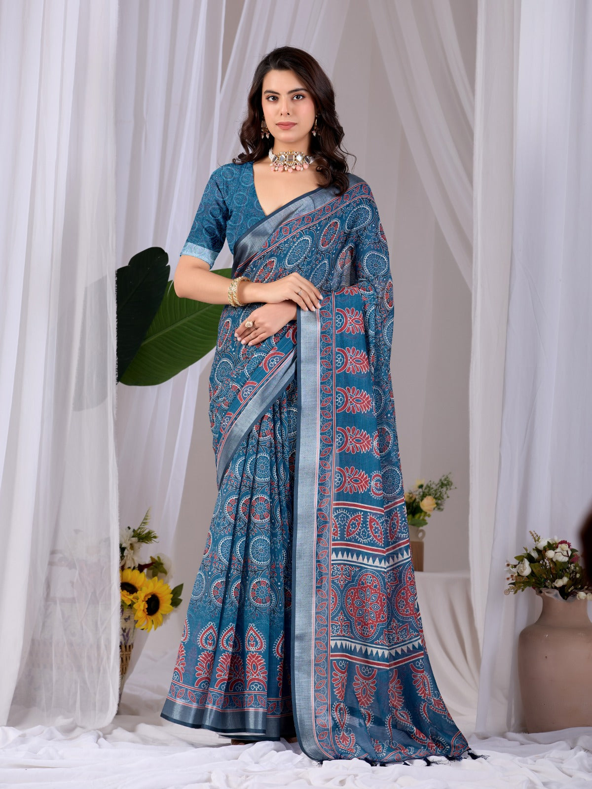 Women's Linen Cotton Saree in Teal Blue with Traditional Digital Print and Contrast Border