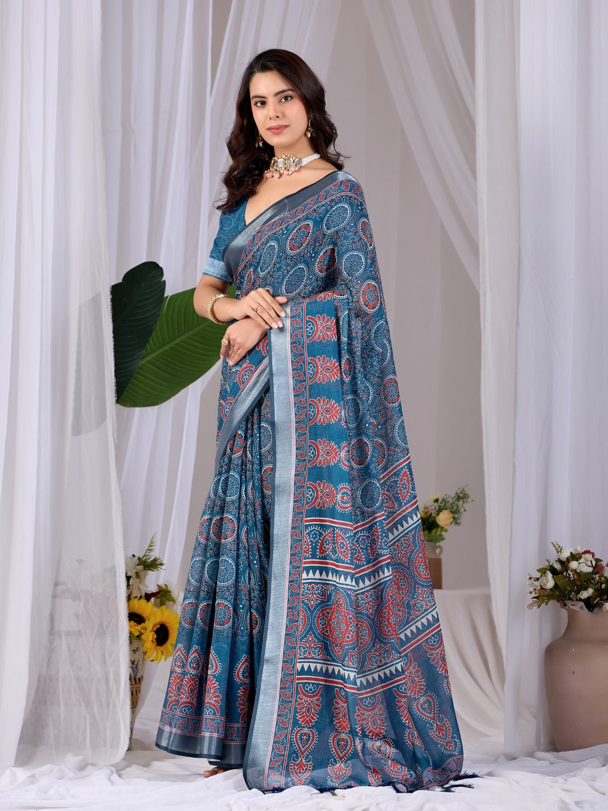 Women's Linen Cotton Saree in Teal Blue with Traditional Digital Print and Contrast Border