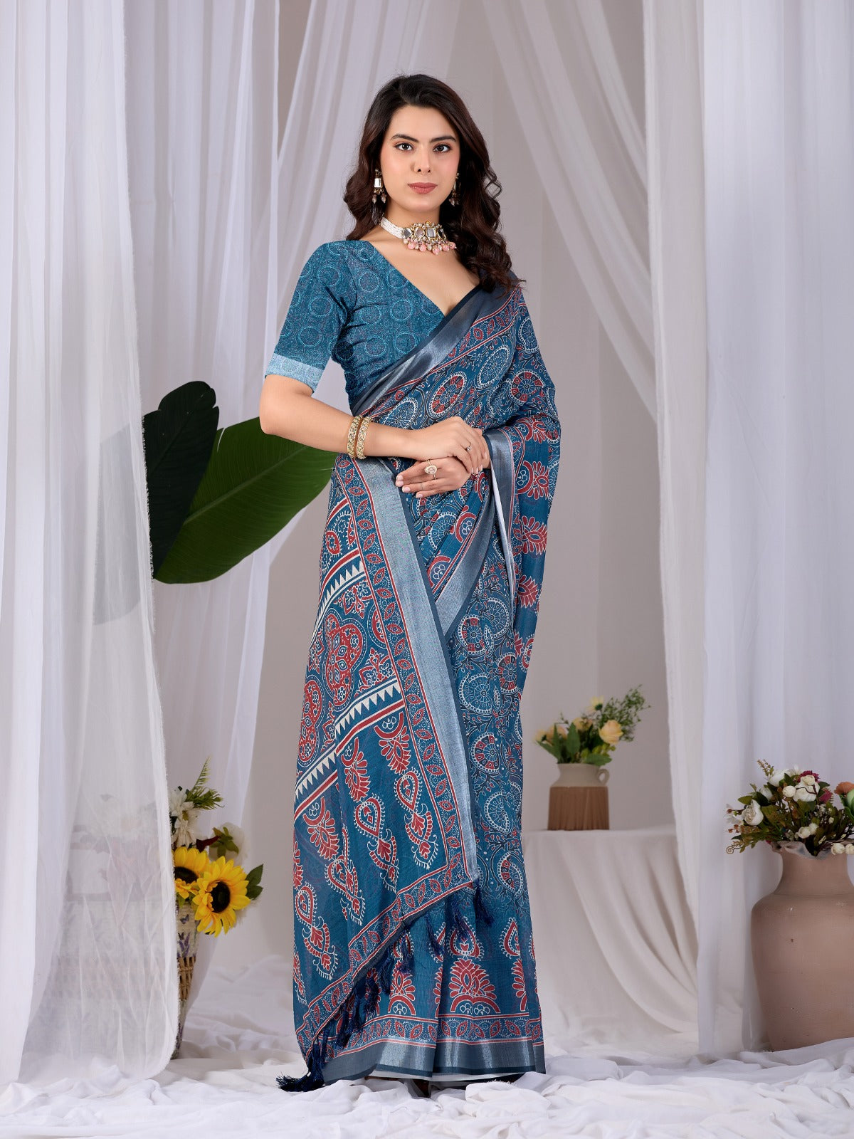 Women's Linen Cotton Saree in Teal Blue with Traditional Digital Print and Contrast Border