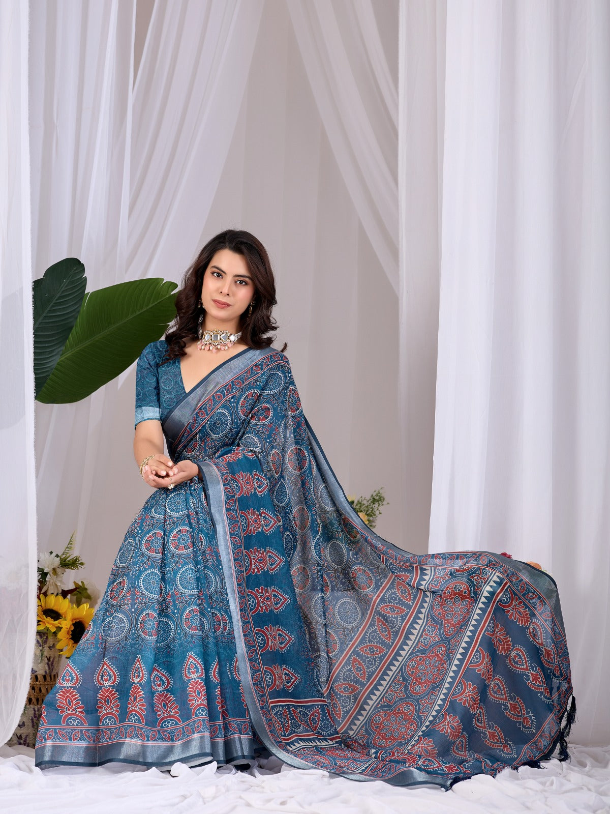 Women's Linen Cotton Saree in Teal Blue with Traditional Digital Print and Contrast Border