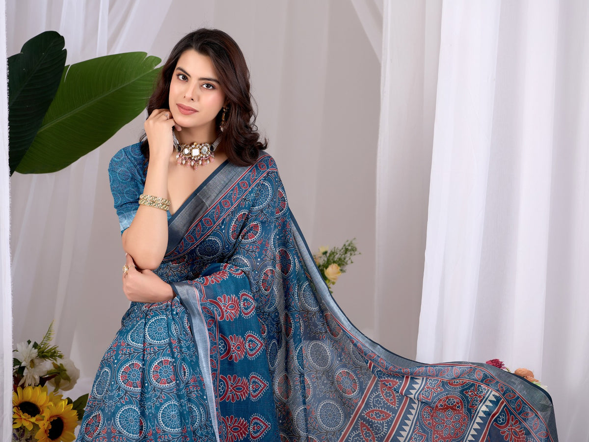 Women's Linen Cotton Saree in Teal Blue with Traditional Digital Print and Contrast Border