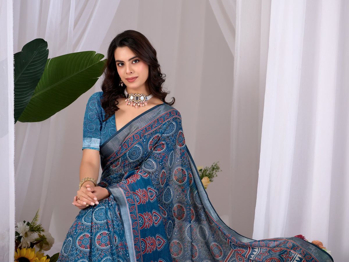 Women's Linen Cotton Saree in Teal Blue with Traditional Digital Print and Contrast Border