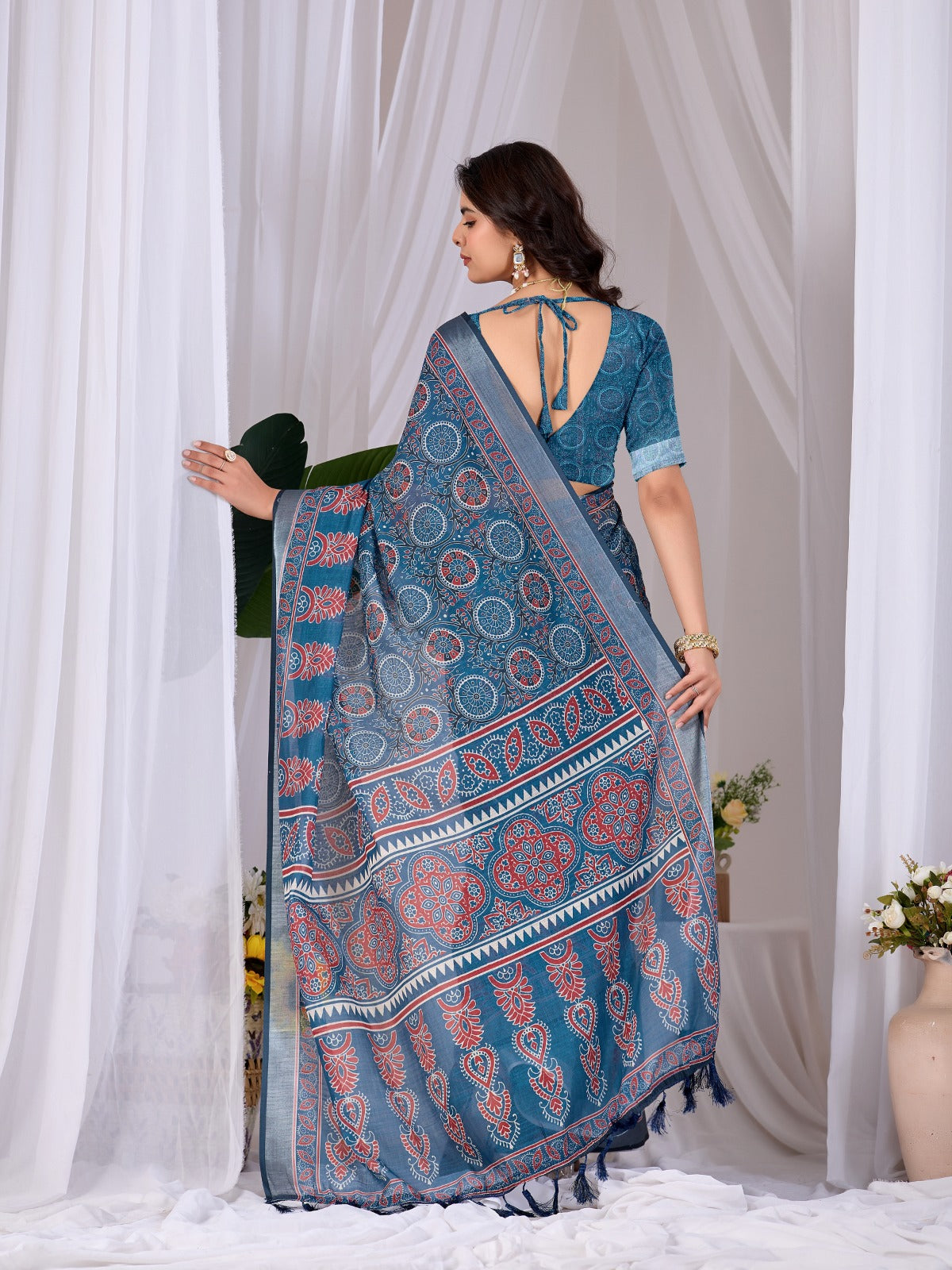 Women's Linen Cotton Saree in Teal Blue with Traditional Digital Print and Contrast Border