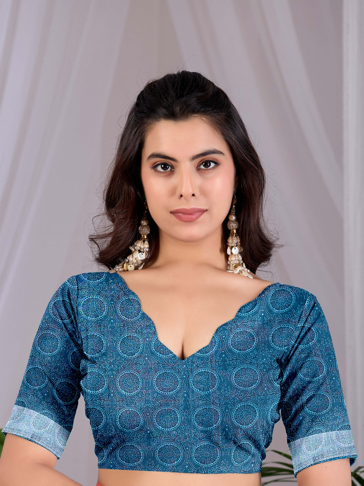 Women's Linen Cotton Saree in Teal Blue with Traditional Digital Print and Contrast Border
