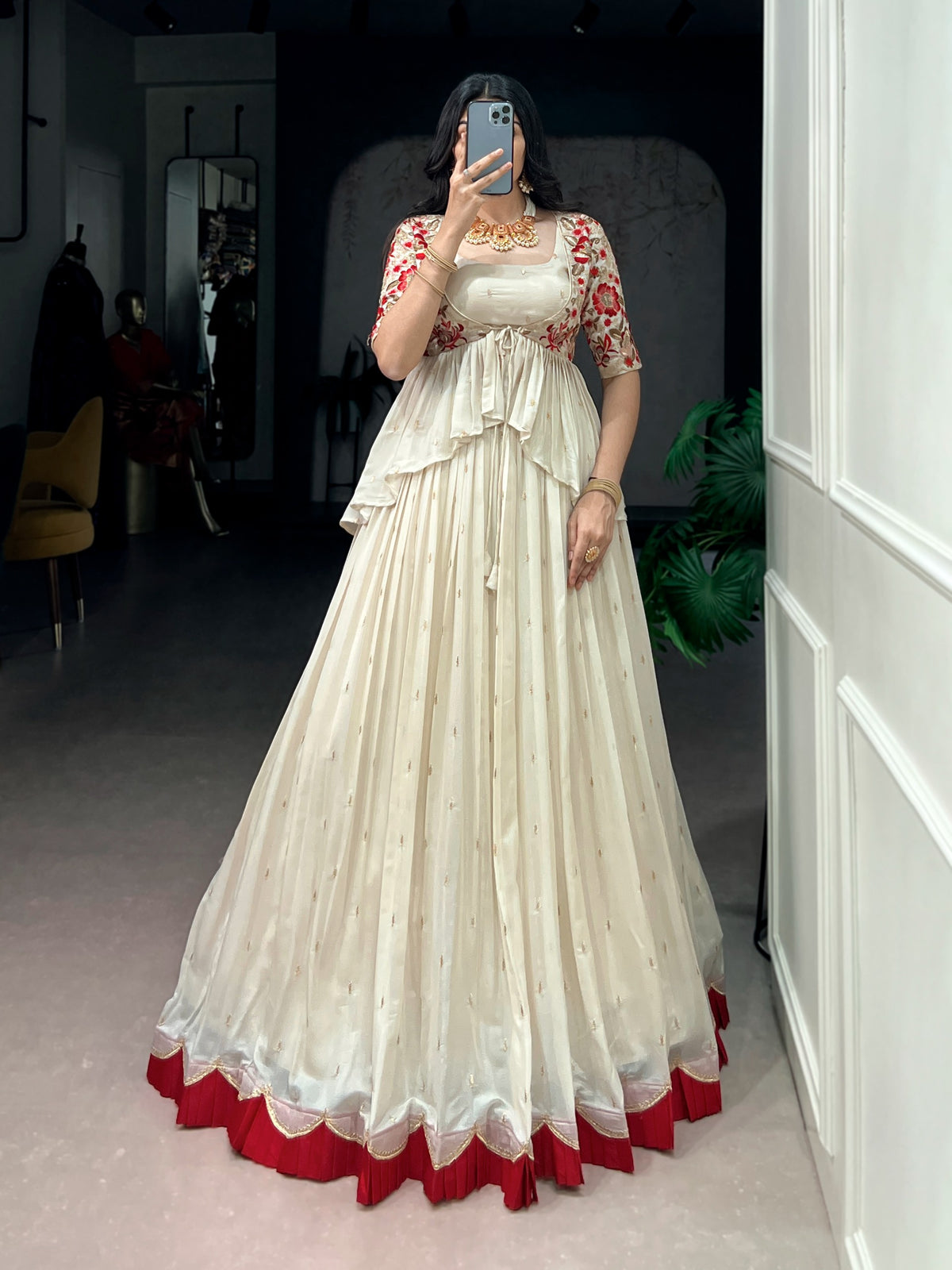Women's Lehenga Set in Ivory and Red Chocolate Silk with Sequin and Thread Embroidery