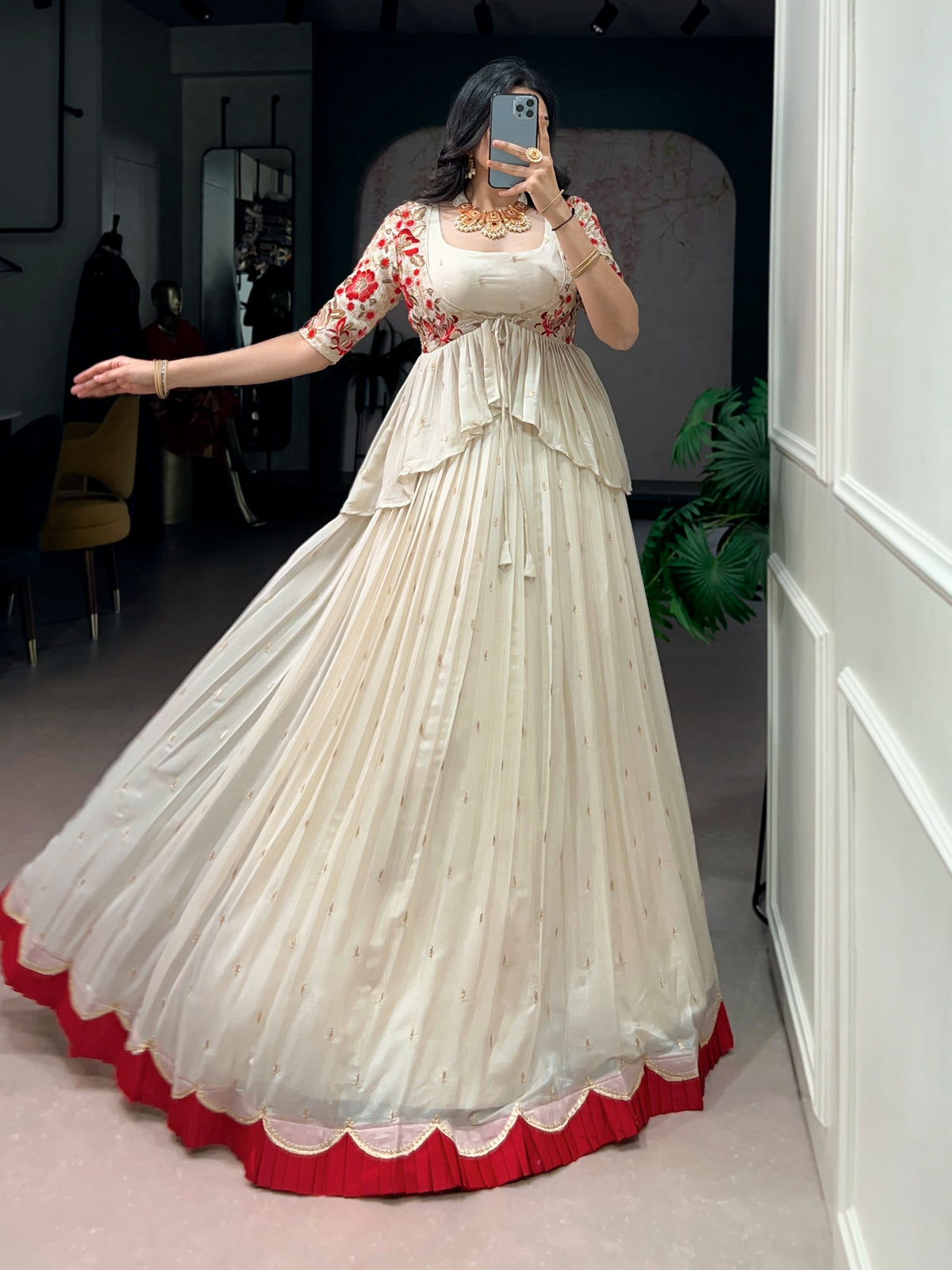 Women's Lehenga Set in Ivory and Red Chocolate Silk with Sequin and Thread Embroidery