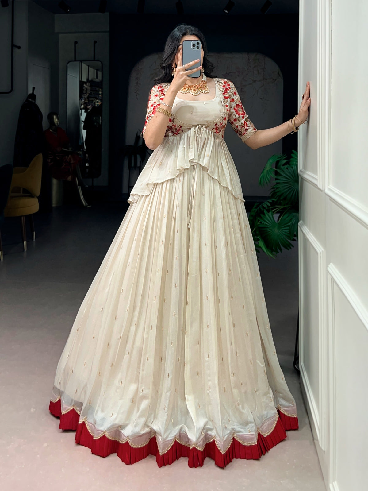 Women's Lehenga Set in Ivory and Red Chocolate Silk with Sequin and Thread Embroidery