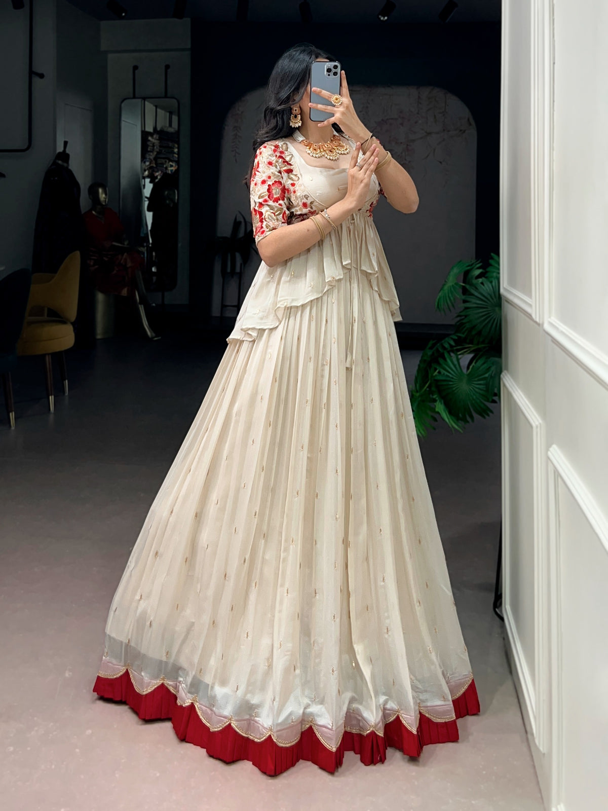 Women's Lehenga Set in Ivory and Red Chocolate Silk with Sequin and Thread Embroidery