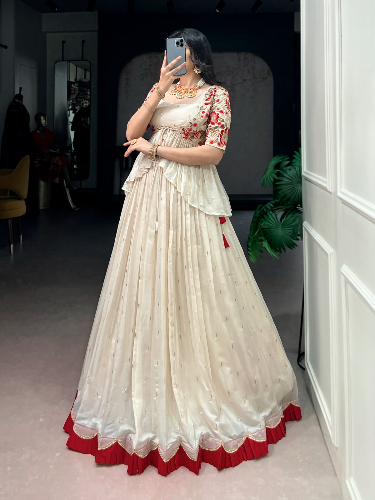 Women's Lehenga Set in Ivory and Red Chocolate Silk with Sequin and Thread Embroidery
