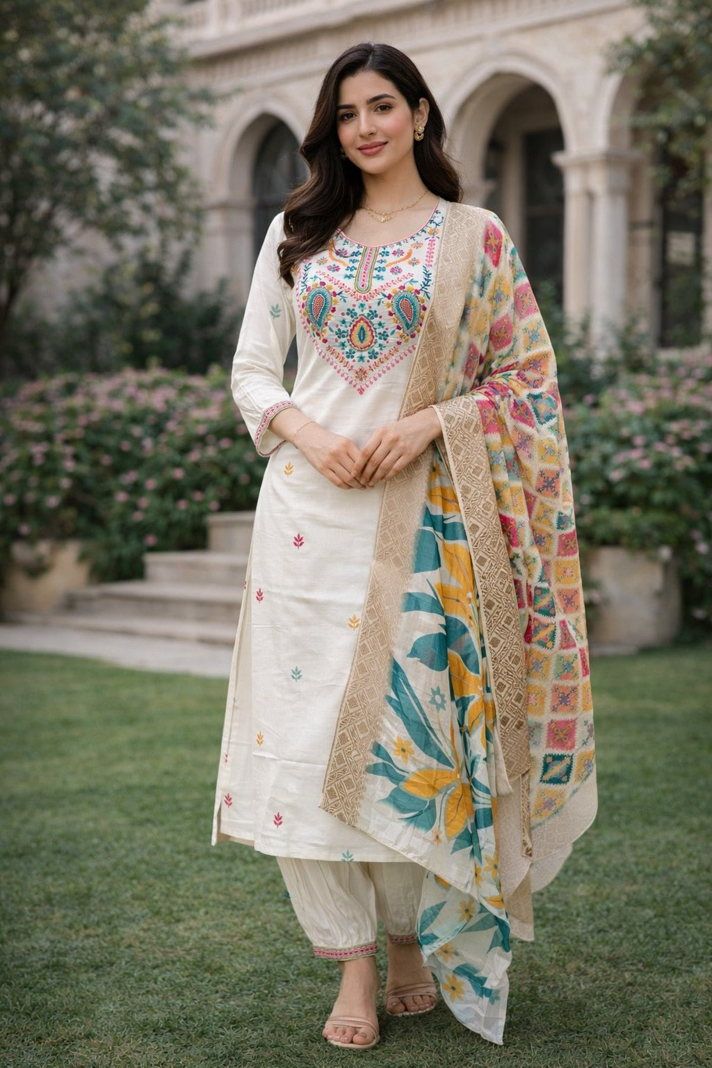 Women's Kurta Pant Set in White Cotton Silk with Embroidery and Sequin Work