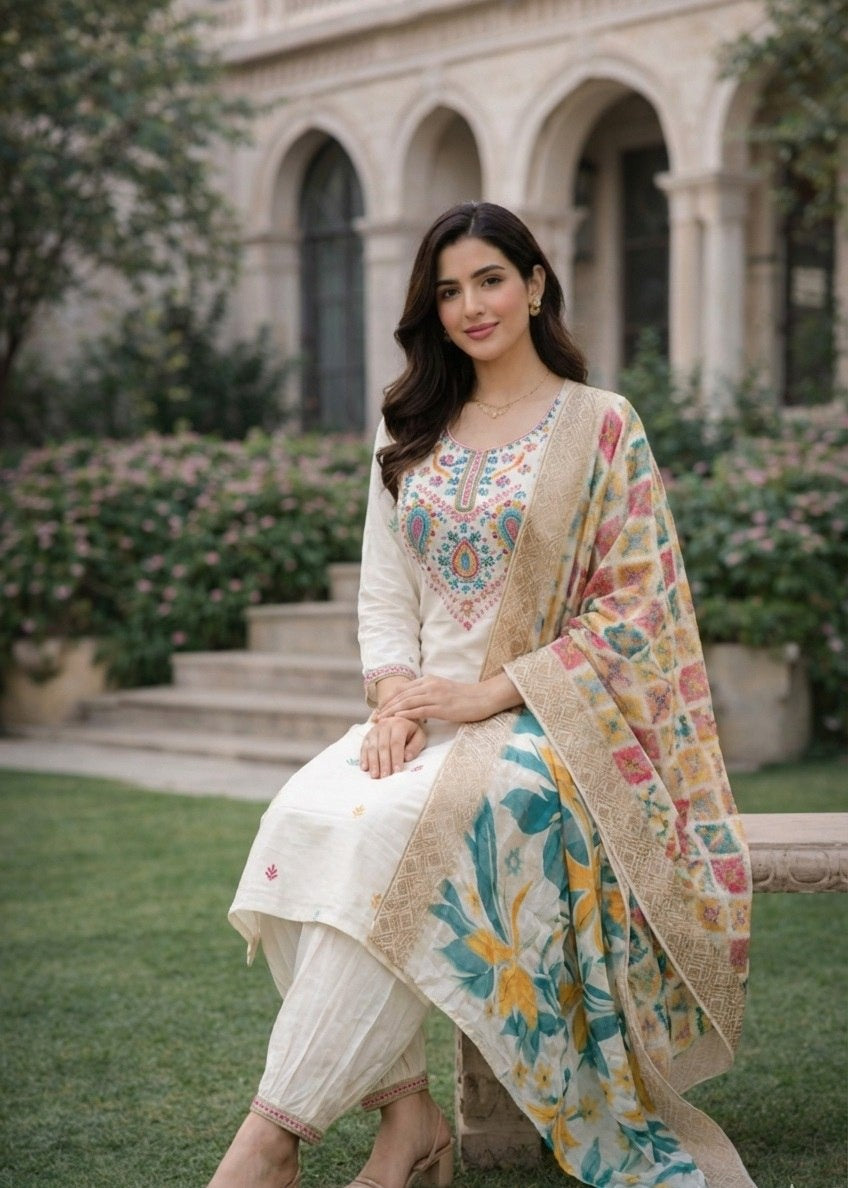 Women's Kurta Pant Set in White Cotton Silk with Embroidery and Sequin Work