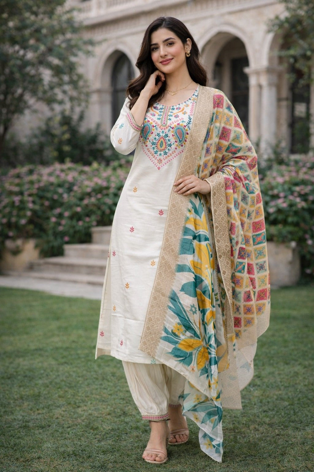 Women's Kurta Pant Set in White Cotton Silk with Embroidery and Sequin Work