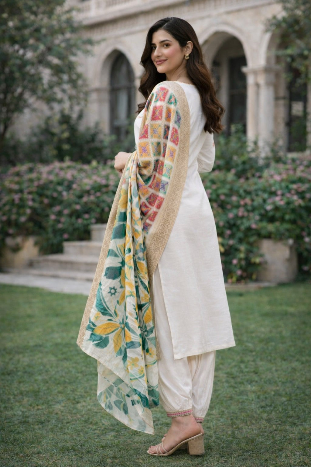 Women's Kurta Pant Set in White Cotton Silk with Embroidery and Sequin Work