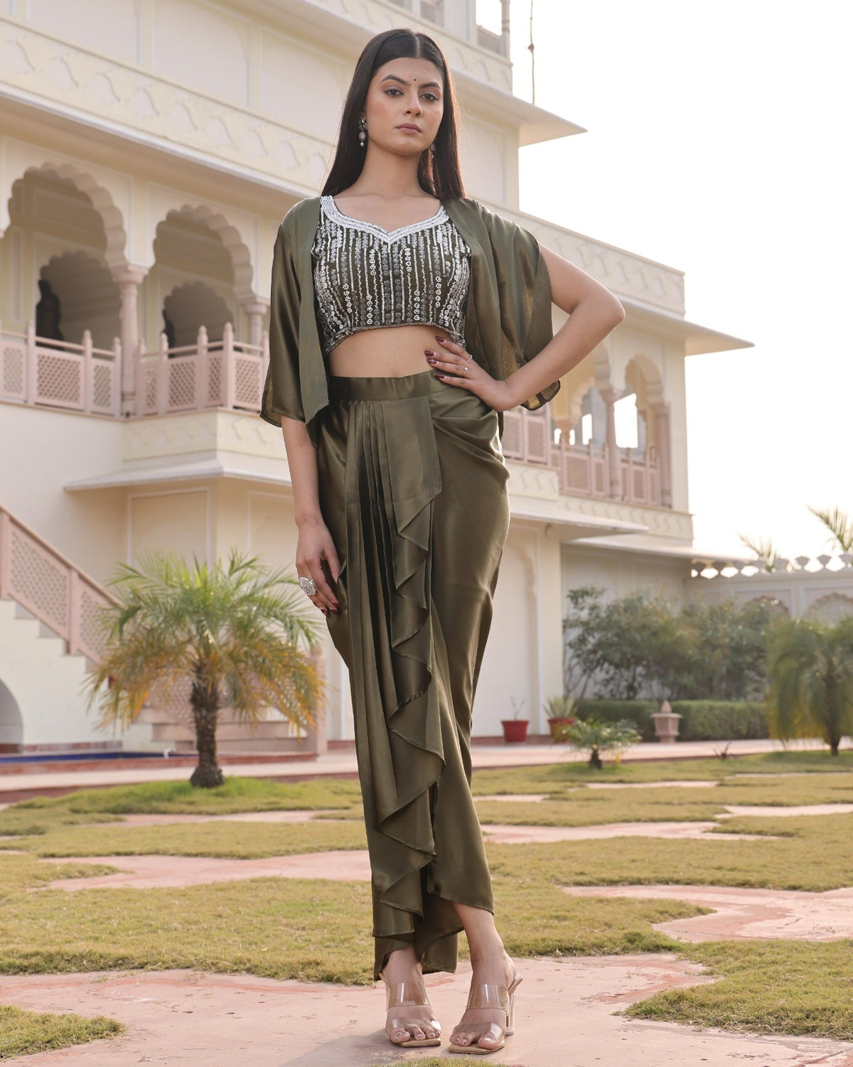 Women's Indo Western Drape Skirt Set in Mehendi Satin Silk with Hand Embroidery