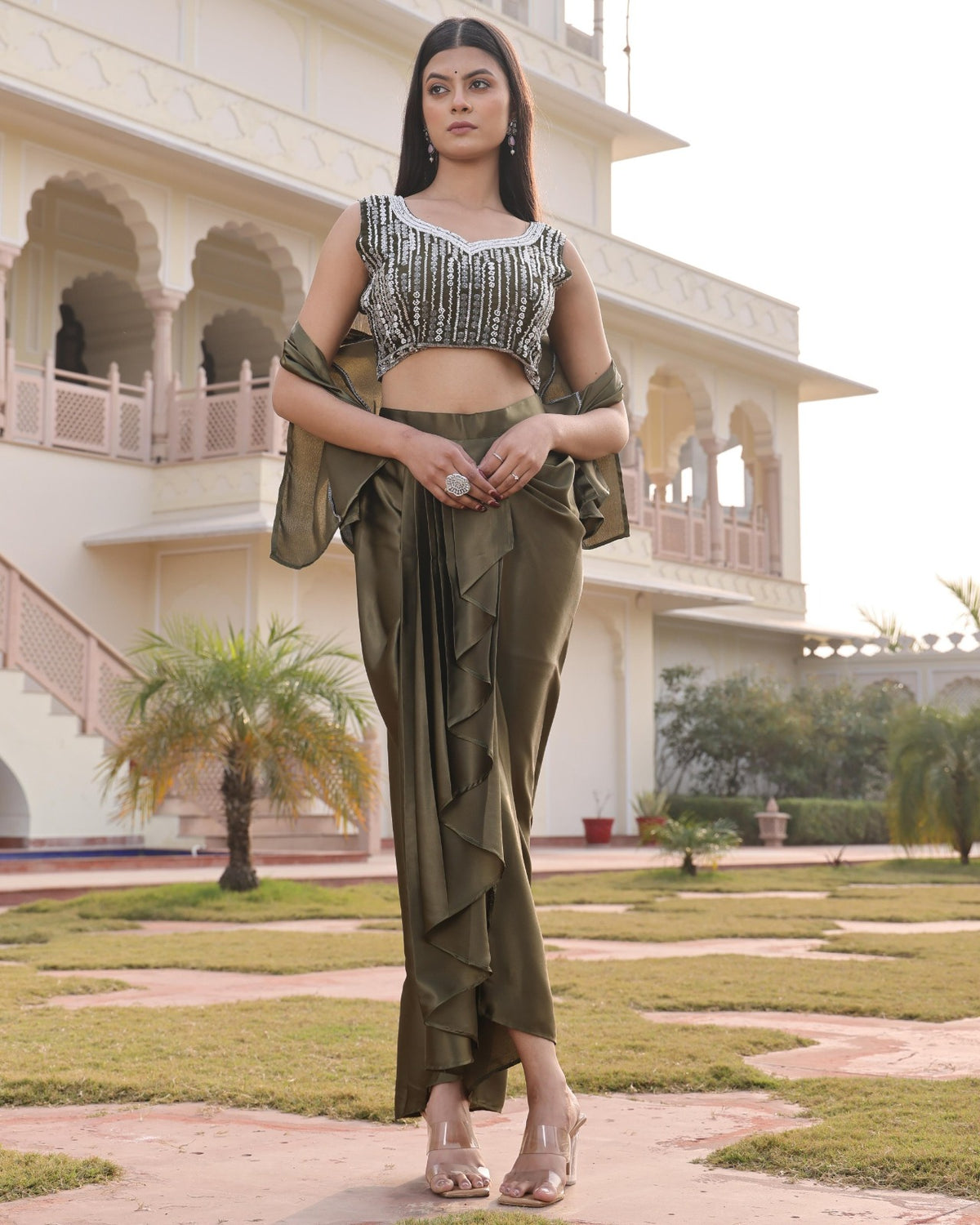 Women's Indo Western Drape Skirt Set in Mehendi Satin Silk with Hand Embroidery